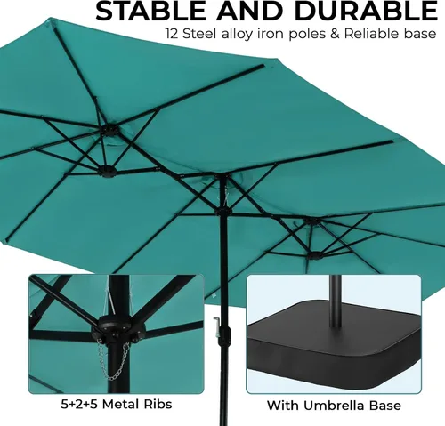 Vista 4 de Sombrilla de doble cara para patio de 15 x 9 pies con base y manivela, sombrilla rectangular extragrande para patio, césped y jardín, beige