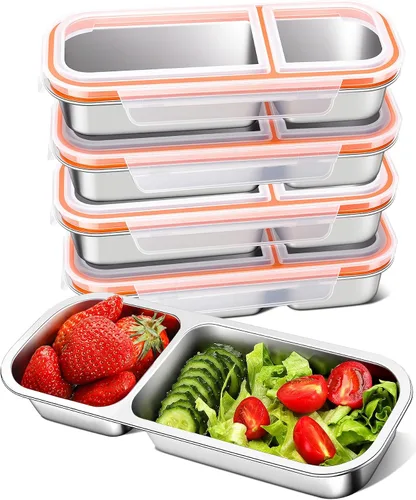 Vista 9 de KTKUDY - Recipiente de acero inoxidable para niños y adultos, grande, a prueba de fugas, 3 compartimentos, apilable, para guardería, escuela