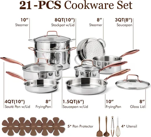 Vista 2 de CAROTE Juego de utensilios de cocina de acero inoxidable de tres capas, juego de ollas y sartenes, juego de cocina de inducción no tóxica, colección