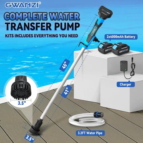 Vista 7 de Bomba de transferencia de agua inalámbrica de 720 GPH 32 pies con cabezal incluido, batería de 2 x 4000 mAh 21 V y cargador de 90 minutos de tiempo
