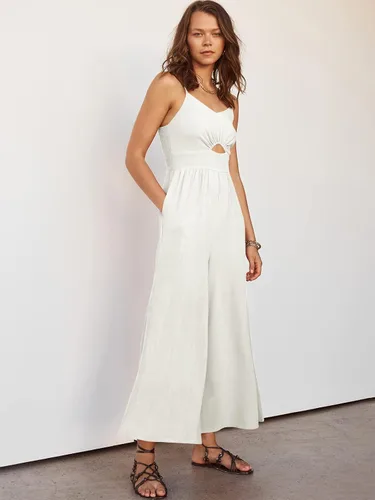 Vista 7 de ANRABESS - Mono de verano con recorte, tirantes delgados para mujer, cuello en V, cintura alta, fruncida, pierna ancha, con bolsillos