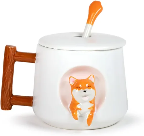 Vista 6 de Lindo perro cerámica taza mango madera diseño con cuchara y tapa (negro)