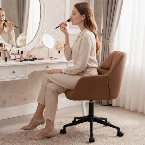 Vista 7 de HNY Silla de escritorio moderna de piel sintética, altura ajustable, cómoda silla giratoria de maquillaje con ruedas para sala de estar, computadora