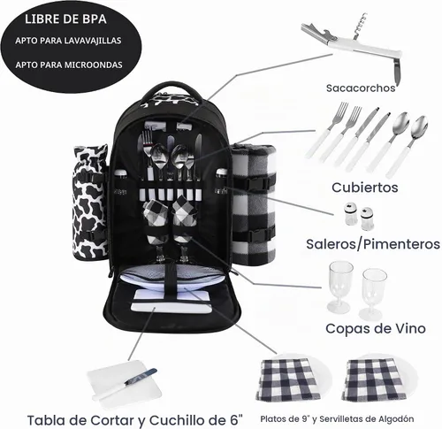 Vista 2 de apollo walker - Mochila para picnic para 2 personas con compartimento refrigerado, soporte desmontable para botella/vino, manta de forro polar Negro