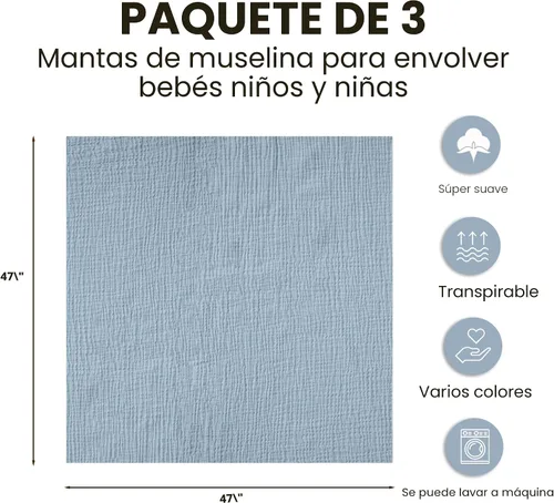Vista 7 de Konssy paquete de 3 mantas de muselina para envolver al bebé unisex, manta de recepción para recién nacidos, tamaño grande 47 x 47 pulgadas, mantas