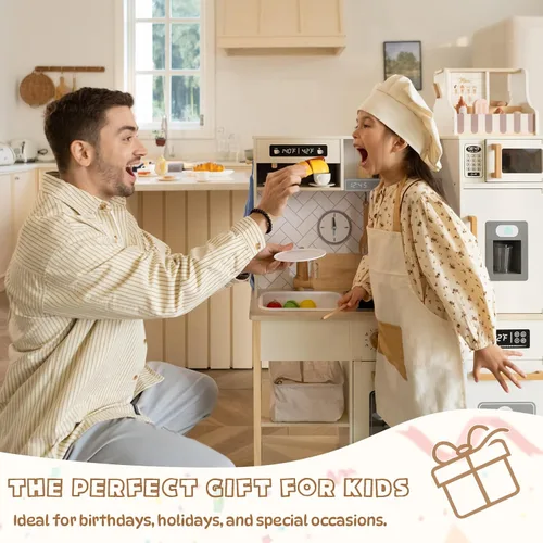 Vista 7 de Freniland Cocina de juego de madera, juego de cocina para niños con luz y sonido reales, máquina de hielo realista, estufa y horno, juguete