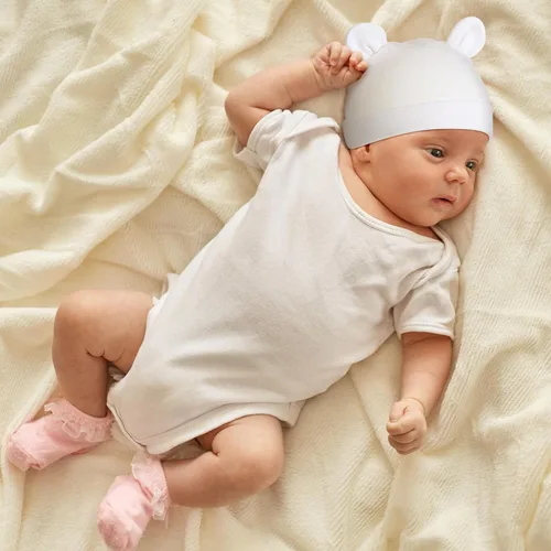 Vista 6 de 10 unidades de gorro de bebé recién nacido, con orejas de oso, gorro de hospital de algodón para recién nacidos, sombrero de hospital para niños