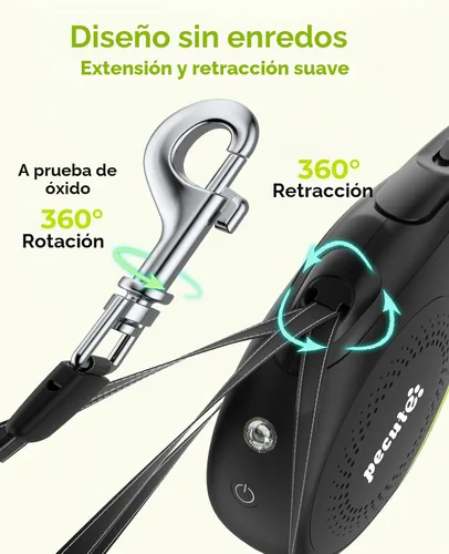 Vista 5 de Pecute Correa retráctil para perro con linterna, correa retráctil resistente de 26 pies para mascotas con luz, control de un botón, protección