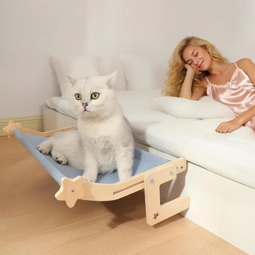 Vista 7 de Percha para ventana de gato para gatos grandes, cama hamaca resistente sin taladro, asiento de marco de madera maciza con ganchos de metal, alféizar
