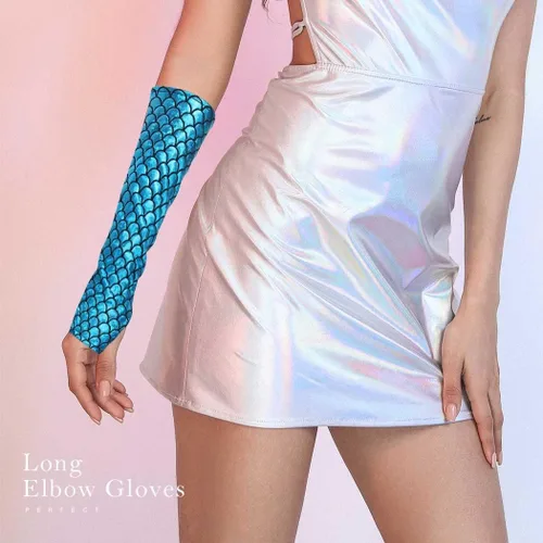 Vista 5 de RELBCY Guantes de escamas metálicas, guantes sin dedos, guantes largos para fiesta, accesorios de disfraces para mujeres y niñas