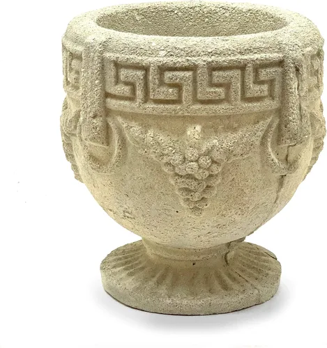 Vista 2 de URN griega vintage: maceta de piedra sólida y duradera con detalles desgastados. Perfecta para diseño de interiores y exteriores segura hecha a mano