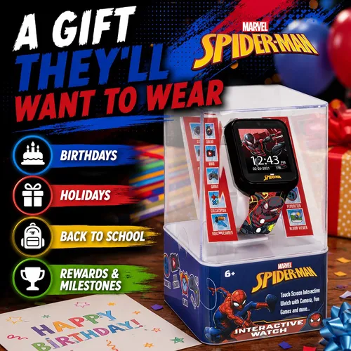 Vista 6 de Reloj inteligente Marvel Spider-Man para niños: características divertidas con cámara, grabadora de voz, rastreador de pasos y juegos, Multicolor