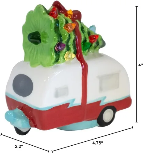 Vista 4 de VILLAGE GIFT IMPORTERS Camper de cerámica brillante con árbol de Navidad en el techo Enciende para hacer que las luces de Navidad brillen