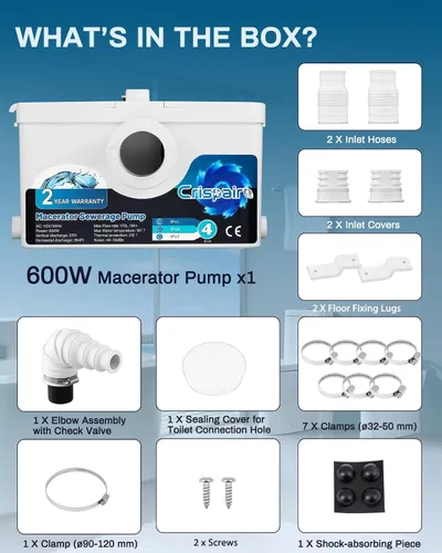 Vista 5 de Bomba de alcantarillado macerador de 600 W - 33 pies/328 pies, flujo de 170 L/minuto para inodoro de sótano, fregadero, ducha, cocina, lavandería, 4