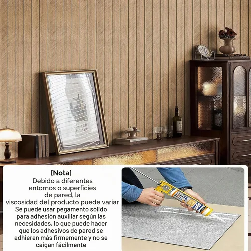 Vista 6 de Chejiaye Panel de pared 3D de listones de grano de madera, 15.75 x 118 pulgadas, adhesivo de pared autoadhesivo insonorizado, resistente a