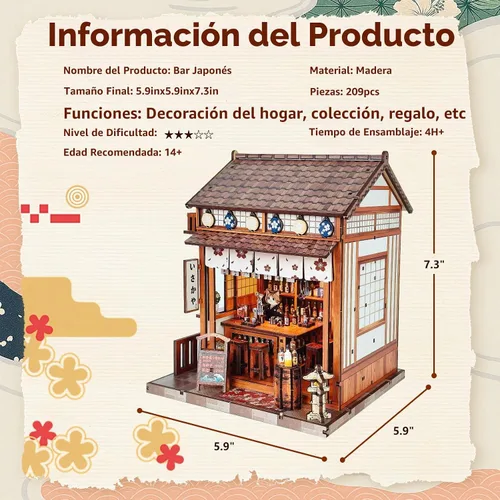 Vista 2 de Kit de rincón de libros para adultos, kit de casa de muñecas Sakura japonesa, kit de casa en miniatura con luz LED, mini kit de construcción Bar