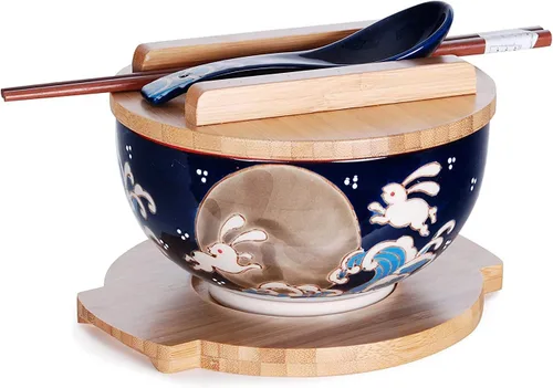 Vista 8 de Happy Sales HSKM-CHRYB8, juego de tazón para ramen, fideos de arroz estilo vintage japonés Kamameshi con tapa de bambú, esterilla, palillos