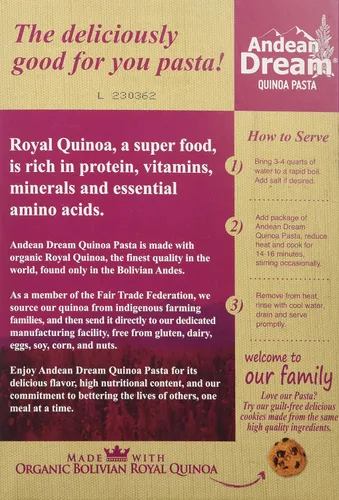 Vista 2 de Pasta orgánica de quinua Fusilli sin gluten Andean Dream caja de 8 onzas