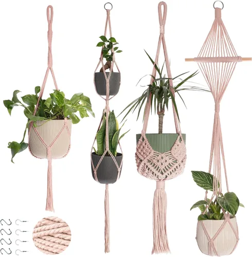 Vista 12 de Nook Theory Paquete de 4 Colgadores de Macramé para Plantas con 8 Ganchos - Macetas Colgantes para Plantas de Interior, Colgadores de Macramé Boho