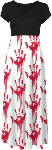 Vista 3 de Vestido largo con estampado de Halloween para mujer, manga corta, talla grande, holgado, para fiesta en la playa, cuello redondo, casual, vestido