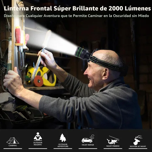Vista 4 de Linterna frontal recargable LED súper brillante de 2000 lúmenes, lámpara de cabeza con zoom con 5 modos de iluminación, ajustable a 90° e