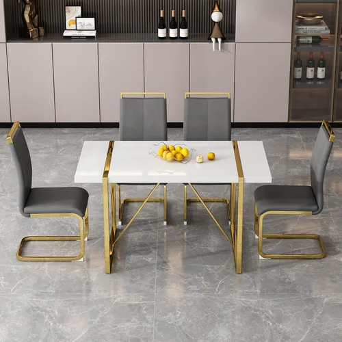 Vista 24 de Mesa de comedor Ebullient para 4, mesa de comedor rectangular negra de MDF, tapa de mesa de cena de mármol falso, mesa de comedor moderna con marco