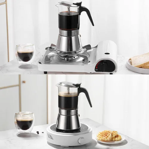 Vista 3 de Jiawu Cafetera clásica para estufa, cafetera Greca italiana y cubana de acero inoxidable, cafetera espresso superior de cristal premium, fácil