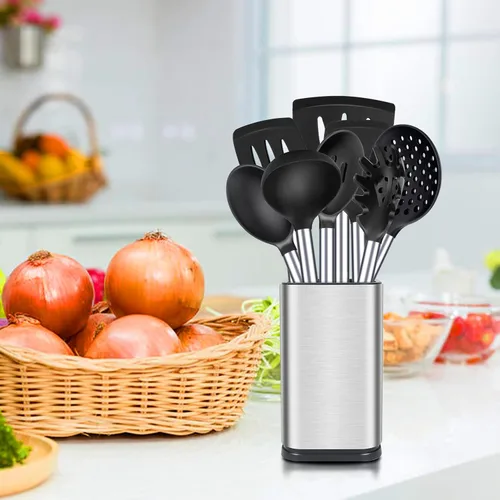 Vista 8 de Juego de utensilios de cocina de silicona, 8 utensilios de cocina antiadherentes con mango de acero inoxidable, herramientas de cocina resistentes