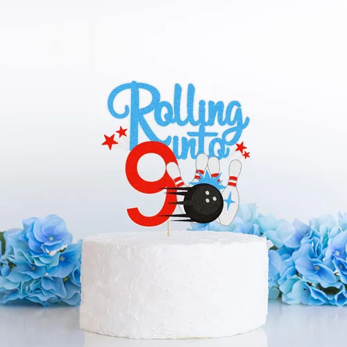 Vista 2 de Bowling Rolling Into 9 Happy 9th Birthaday - Decoración para pastel de boliche de 9º cumpleaños con purpurina - Decoración de pastel de boliche