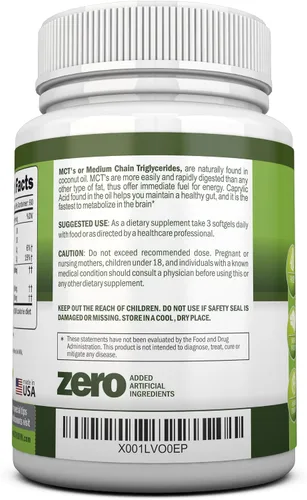 Vista 3 de NutriONN Aceite MCT, 3000 mg por porción, 180 cápsulas blandas, hecho de cocos 100% orgánicos, sin OMG, prensado en frío, cápsulas aptas para paleo