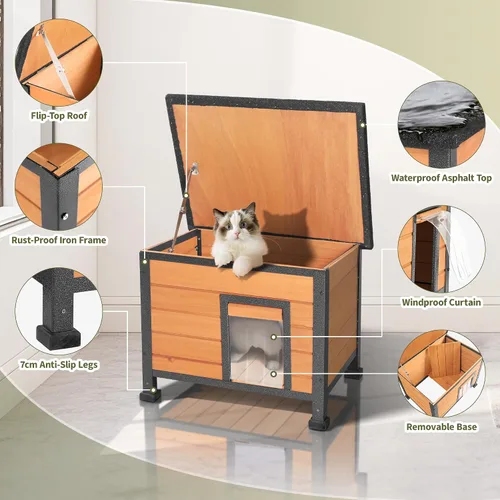 Vista 2 de Casa para gatos al aire libre, casa para gatos al aire libre, resistente a la intemperie, techos de asfalto abiertos, casa para gatos para gatos