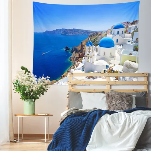 Vista 4 de Loccor Tapiz griego de la isla Santorini, edificio de pueblo griego de Oia, tapiz de pared costero azul, punto de referencia de Europa, para colgar