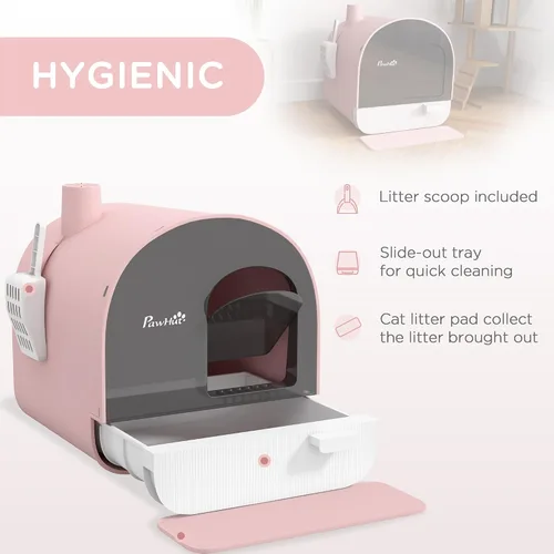 Vista 3 de PawHut Caja de arena para gatos con tapa, caja de arena cubierta para gatos de interior con bandeja, pala, alfombra, filtro, 17" x 17" x 18.5", rosa
