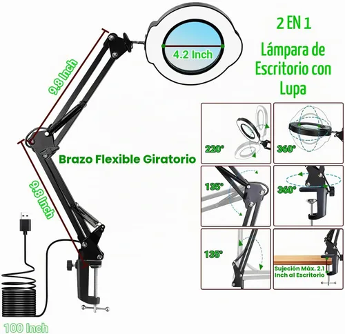 Vista 2 de Lupa 15X con luz y abrazadera, 5 modos de color, 10 niveles de brillo ajustable, lámpara de escritorio 2 en 1 con abrazadera, lupa manos libres