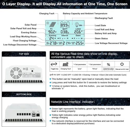 Vista 3 de MPPT Controlador de carga de 60 amperios, 12 V/24 V, regulador de carga de panel solar de 60 A con pantalla LCD de luz negra, máximo 100 V para gel