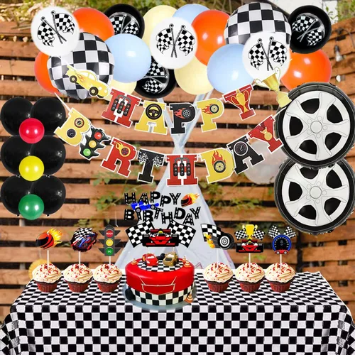 Vista 4 de Dos globos para decoración de fiesta de cumpleaños de autos de carreras rápidas, globos rojos y decoración de tartas, estrellas a cuadros negros