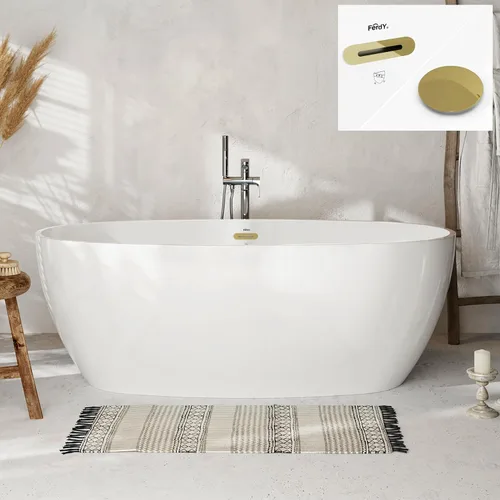 Vista 35 de FerdY Tahití - Bañera de acrílico independiente de 55 pulgadas, elegante bañera de remojo de forma ovalada, blanco brillante, drenaje dorado