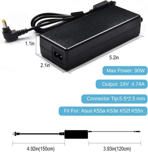Vista 2 de Cargador adaptador para portátil de 90 W compatible con Asus K52F K53E K55A K55N U56E X550 X550CA X550L X550LA X551C X551CA X551M X551MA X551MAV