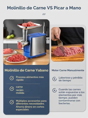 Vista 4 de Picadora de carne eléctrica, picadora de carne de alta resistencia, máquina de embutir salchichas, picadora de alimentos con kit de salchichas y Azul