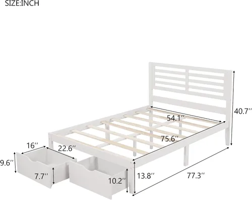 Vista 2 de Base de cama de plataforma tamaño matrimonial con cabecero, cama de plataforma con 2 cajones, cama de plataforma de madera, no necesita somier