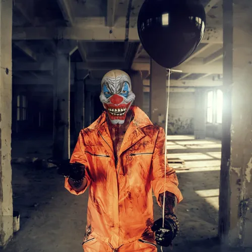 Vista 7 de Ferytyj Máscara de payaso colorida de Halloween aterradora y espeluznante accesorios de cosplay máscara de payaso de látex para adultos disfraz