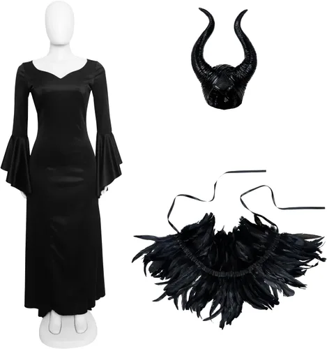 Vista 2 de UQJE Vestido negro de lujo para mujer, disfraz de capa de plumas con cuernos