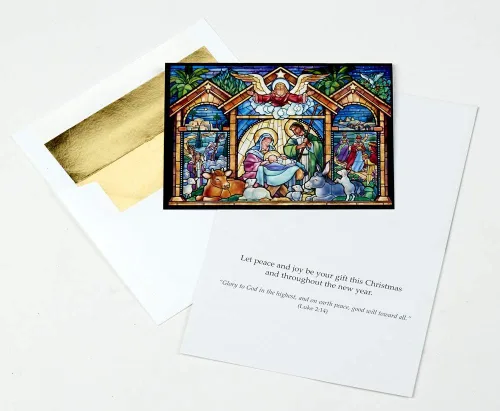 Vista 2 de Tarjetas de Navidad religiosas de la natividad de vitrales, caja de 15 tarjetas y 16 sobres