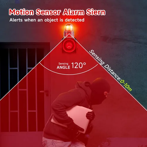 Vista 2 de Sensor de movimiento sirena de alarma 120dB cuerno ajustable impermeable LED luz estroboscópica sirena detector de movimiento sistema de alarma