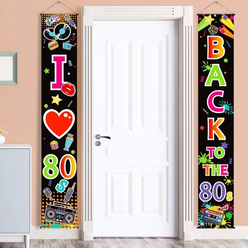 Vista 8 de Blulu Decoración de fiesta de los años 70 y 80, pancarta de los años 90 y 80 con texto en inglés "I Love 1980s Back to the 1980s 1970s Hanging Porch