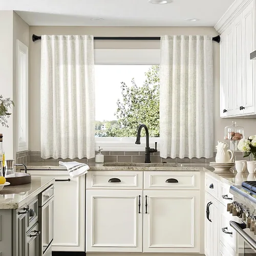 Vista 5 de Cortinas texturizadas de lino corto natural de 45 pulgadas de largo para cocina, baño, ventanas, juego de 2 paneles con pestaña trasera, cortinas