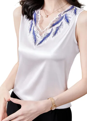 Vista 6 de LQHHYLYX Camisola sin mangas de satén de seda de encaje para mujer con cuello redondo