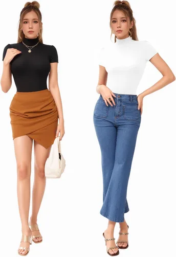 Vista 4 de MANGOPOP Camiseta ajustada de manga corta con cuello alto falso para mujer