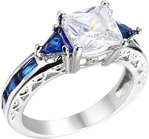 Vista 2 de Anillo de cristal XAHH abierto, hueco, con circonio cúbico CZ, un zafiro azul, con triángulos y cuadrados, enchapado en platino para mujer