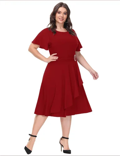 Vista 4 de Hanna Nikole Women Plus Size Empire Waist Cocktail-Party-Dress, Flowy Ruffle Cascade Wedding Guest Dress with Rhinestone